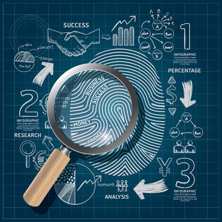 Business Fingerprint doodles line drawing blueprint success strategy plan idea with magnifier.Vector illustration.Focus Success Concept.のイラスト素材