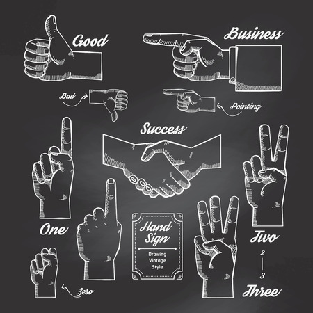 Hand and Finger sign doodle drawn on chalkboard background.Vector vintage styleのイラスト素材
