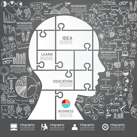 Infographic Head jigsaw with  doodles line drawing success strategy plan idea  Vector illustration のイラスト素材