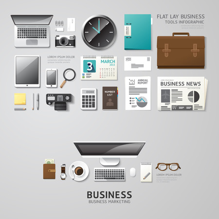 Infographic business office tools flat lay idea. Vector illustration hipster concept. can be used for layout, advertising and web design.のイラスト素材