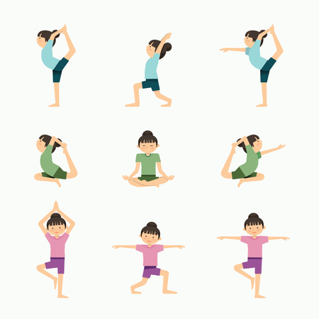 Vector yoga set illustration. girl yoga exercises. in lesson class, Healthy lifestyle concept.のイラスト素材