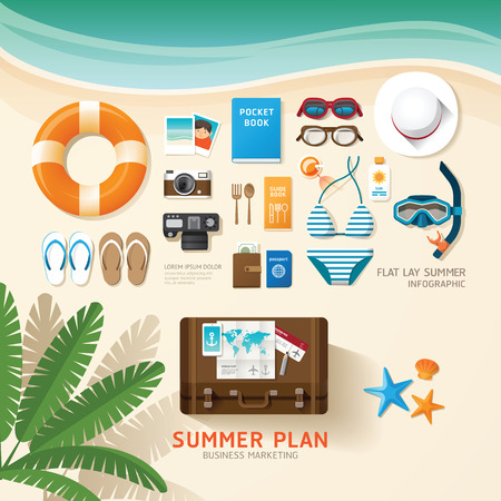 Infographic travel planning a summer vacation business flat lay idea. Vector illustration hipster concept.can be used for layout, advertising and web design.