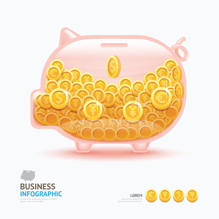 Infographic business currency money coins piggy bank shape template design. saving success concept vector illustration / graphic or web design layout.のイラスト素材