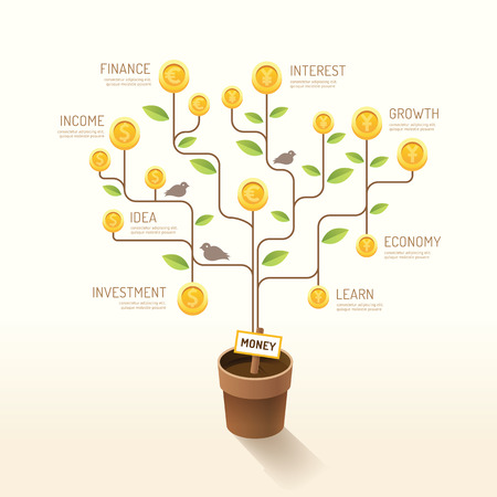 Infographic business money plant and coins flat line idea. Vector illustration. finance currency growth concept. can be used for layout, banner and web design.のイラスト素材