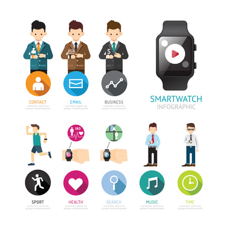 Smartwatch infographic menu connection isolated with icons and people. smart social life trendy concept. Vector Illustration.のイラスト素材