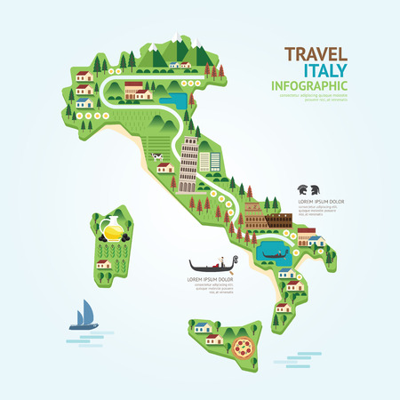 Infographic travel and landmark italy map shape template design. country navigator concept vector illustration / graphic or web design layout.のイラスト素材