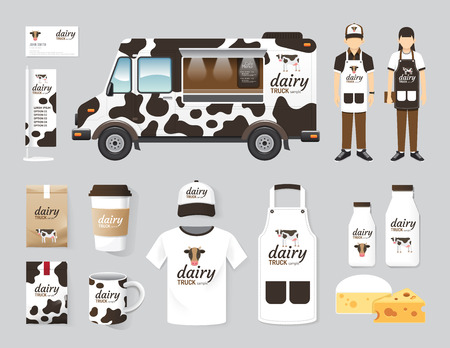 Vector restaurant cafe design set street dairy food truck shop, flyer, menu, package, t-shirt, cap, uniform and display design layout set of corporate identity mock up template.のイラスト素材