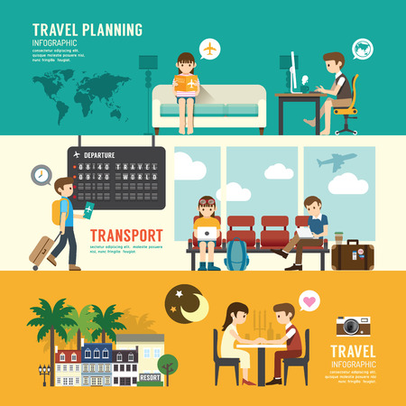 Business travel design concept people set planning, searching, sitting, departure time in airport terminal. with flat icons. vector illustrationのイラスト素材