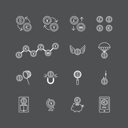 vector linear web icons set - business money currency coin concept collection of flat line design elements.のイラスト素材