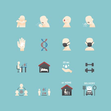 corona covid virus icons flat line design vectorのイラスト素材