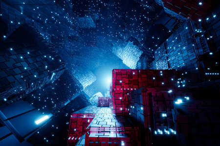 Sci-fi futuristic techno neon cube glowing lights design. Abstract background, Modern Design, 3d Renderingの写真素材