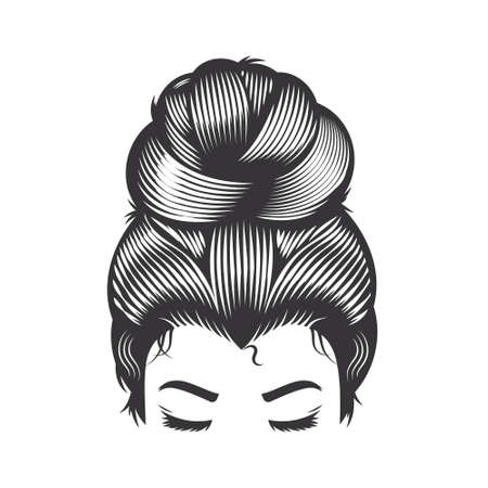Woman face with messy hair bun and long eyelashes vector line art illustration.のイラスト素材