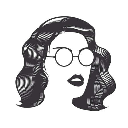 Woman face with vintage hairstyles for long hair and sunglass vector line art illustration.のイラスト素材
