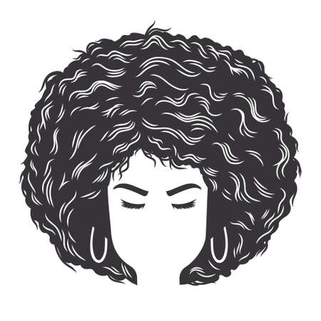 Woman face with Afro Messy Bun vintage hairstyles vector line art illustration.のイラスト素材