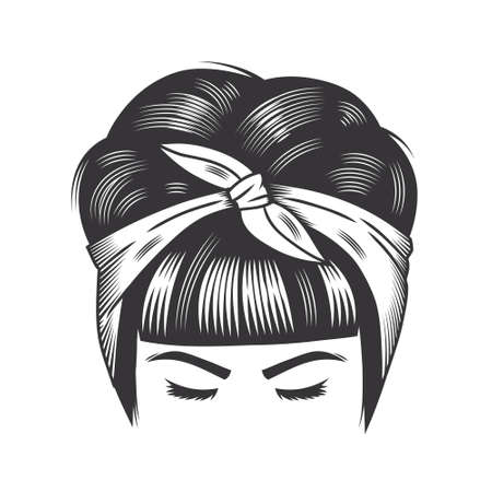 Woman face with vintage hairband bun hairstyles for short hair vector line art illustration.のイラスト素材