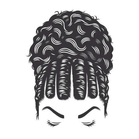 Woman face with Afro Natural Hairstyle curly flat twist Bun vintage hairstyles vector line art illustration.のイラスト素材