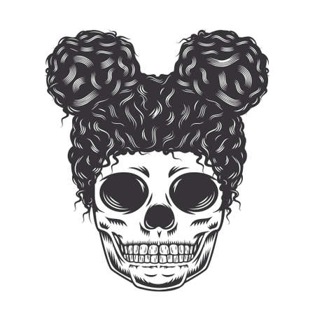 Daughter skull face with Afro Messy Bun vintage hairstyles vector line art illustration.のイラスト素材
