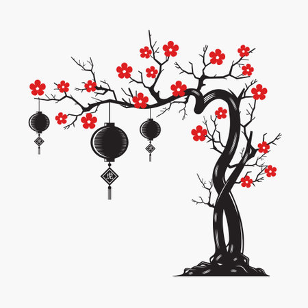 Tiger lunar Chinese new year  Lantern with Plum Blossom line art vector illustration.のイラスト素材