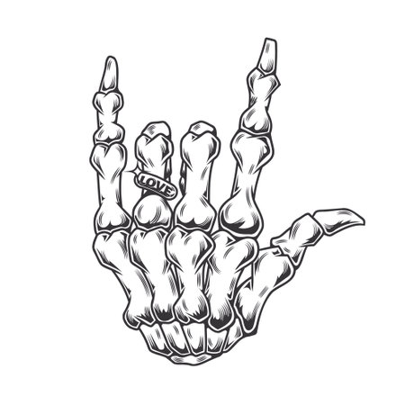hand skeleton with love ring line art vintage tattoo or print design vector illustration.のイラスト素材