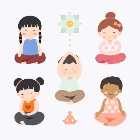 Bundle of meditation yoga. flat meditating children collection illustration vectorのイラスト素材
