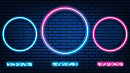 Neon Cinema mockup sign. glowing color neon square. shining led or halogen lamps frame banners. on brick wall vector set.のイラスト素材