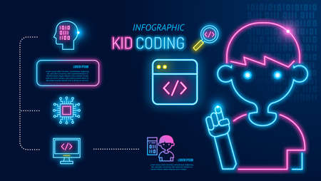 kid coding infographic icon neon. boy programming on laptop in computer language. children Learning...
