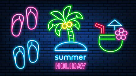 Neon hello summer sign. glowing color neon line. shining led or halogen lamps banners. on brick wall vector set.のイラスト素材