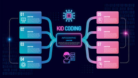 Vector infographic label template with icons. Kids coding icon neon. Can be used for infographics, flow charts, presentations, websites, banners, printed materials.のイラスト素材