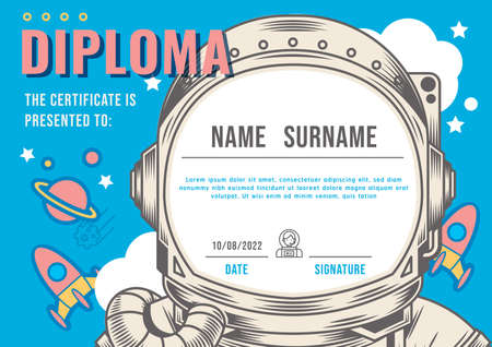 Certificate kids diploma, kindergarten template layout astronaut vintage vector.のイラスト素材