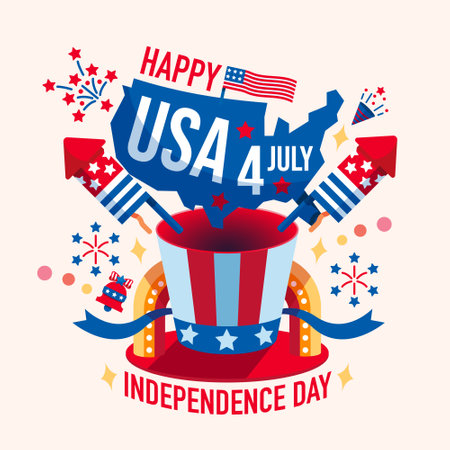 4th of July, Independence day - greeting design with map flag USA and firework burst rays. vectorのイラスト素材