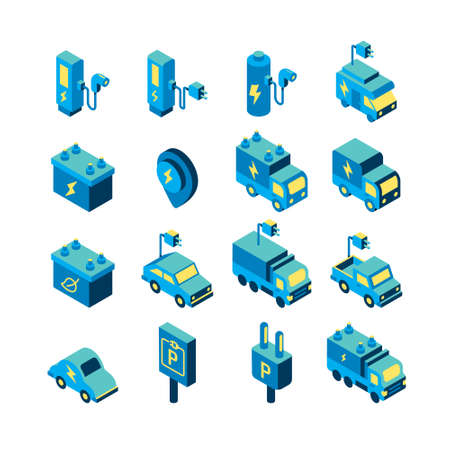 electric vehicle logo isometric flat color icons set. EV ECO clean energy technology icon. simple design vectorのイラスト素材
