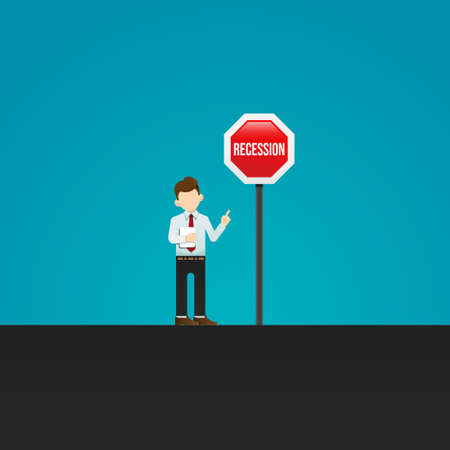 Businessman and warning recession sign. Symbol of danger, failure, bankruptcy, business crisis. vector illustrationのイラスト素材