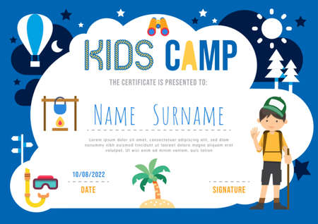 Certificate summer camp kids diploma, kindergarten template layout nature eco vector.のイラスト素材