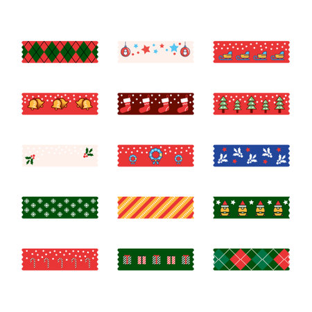 christmas decorative tape washi sticker strips for text decoration. Set of colorful patterned washi tape. Vector illustrationのイラスト素材