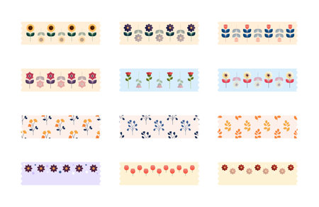 Flowers tape washi sticker strips for text decoration. Set of colorful patterned washi tape. Vector illustrationのイラスト素材