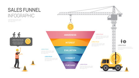 Infographic Sales funnel diagram template for business. Modern Timeline 5 step level, building business concept vector infographics.のイラスト素材