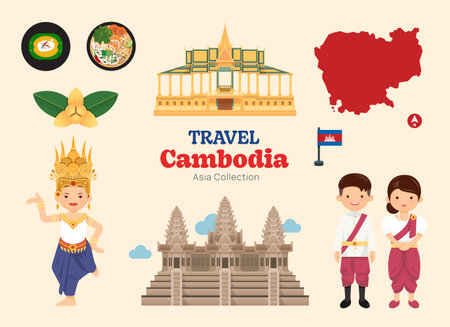 Travel Cambodia flat icons set. khmer element icon map and landmarks symbols and objects collection. Vector Illustrationのイラスト素材