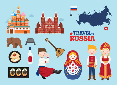 Travel Russia flat icons set. Russian element icon map and landmarks symbols and objects collection. Vector Illustrationのイラスト素材