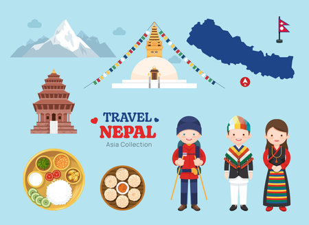 Travel Nepal flat icons set. Nepalese  element icon map and landmarks symbols and objects collection. Vector Illustrationのイラスト素材