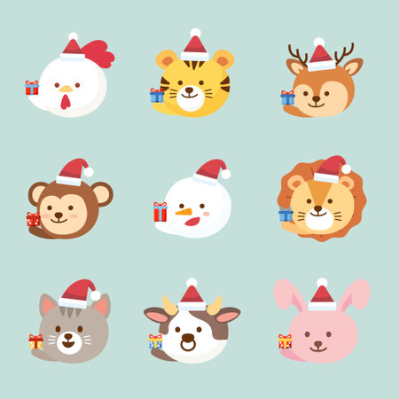 Christmas animal and pet santa design elements collection. Vector Illustrationのイラスト素材