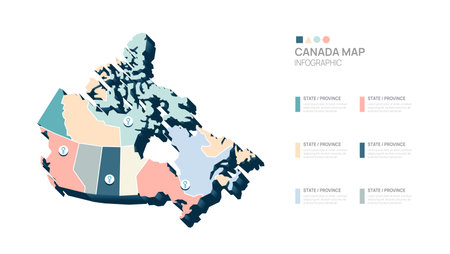 Explore Canada diversity through color-coded states in this sleek, informative Canada map infographic.のイラスト素材