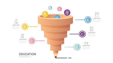 Infographic education pencil funnel diagram template. Modern Timeline inbound step, presentation vector infographics.のイラスト素材