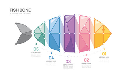 Infographic geometric fish bone diagram template for business. 5 step, presentation vector infographics.のイラスト素材