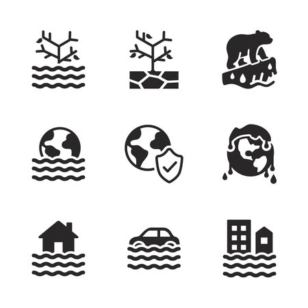 Set of global warming, flood, drought, melting Earth, and climate protection, solid icon vector.のイラスト素材