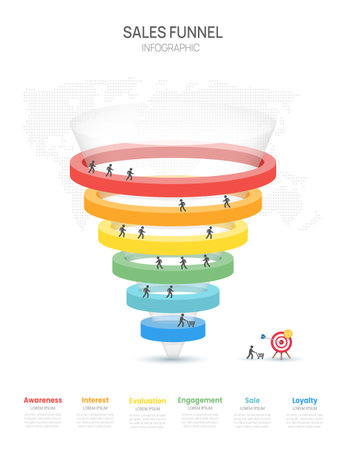 Sales funnel infographic template with 6 steps for startup business marketing vector.のイラスト素材