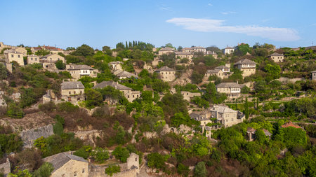 Pocitelj aerial view, tourist village in Bosnia and Herzegovina. Town with mosque, minaret and...