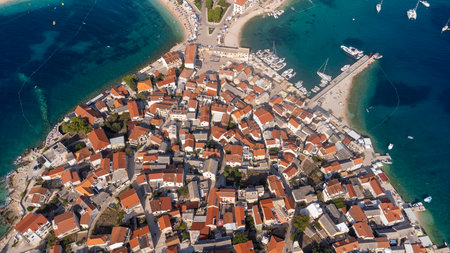 Aerial view of the tourist town of PrimoÅ¡ten with its beach and Adriatic coast. A popular tourist...