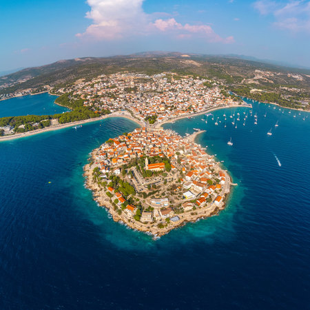 Aerial view of the tourist town of Primosten in Croatia. A summer tourist attraction in this coastal...