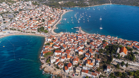 Aerial view of the tourist town of Primosten in Croatia. A summer tourist attraction in this coastal...
