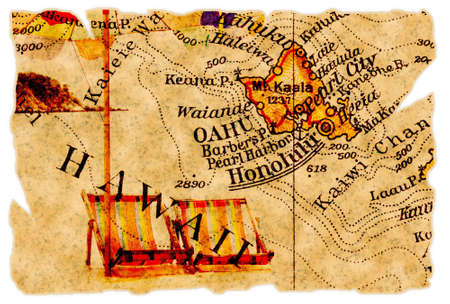 Honolulu, Hawaii on an old torn map from 1949, isolated. Part of the old map series.の写真素材